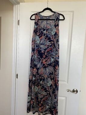 Kim & Co long sleeveless dress Size L, navy & aqua print